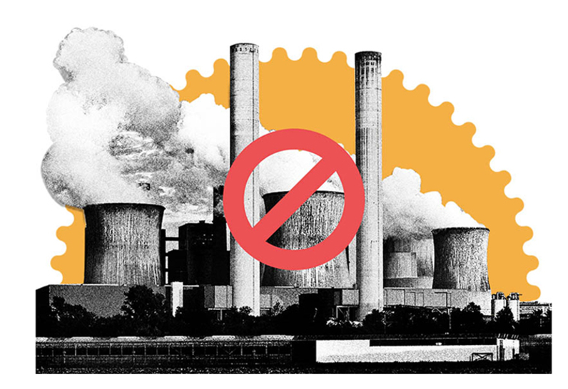 Smoke rising towards the sky from the chimneys of a factory, and a stop illustration sign