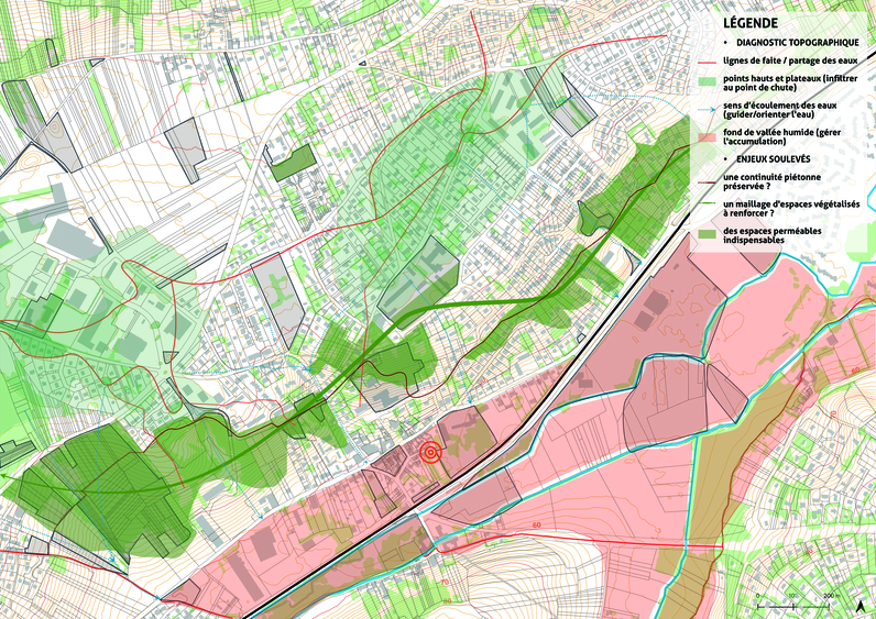 La cartographie illustre la réflexion engagée pour l’aménagement du centre-ville au regard des enjeux liés à la gestion de l'eau.