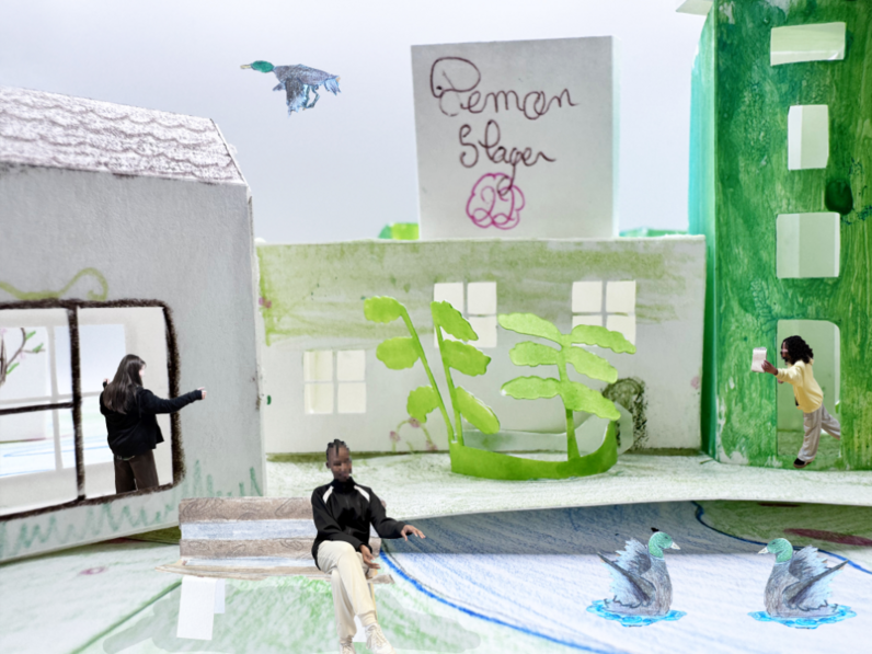 Photomontage dans la ville imaginée par les élèves. Ici, on discute entre voisins, on profite du calme au bord de l’eau | 2025
