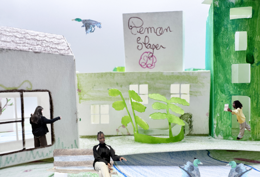 Photomontage dans la ville imaginée par les élèves. Ici, on discute entre voisins, on profite du calme au bord de l’eau | 2025