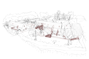 Le Moulin de Vauboyen à Bièvres - Croquis des interventions architecturales, vue arrière