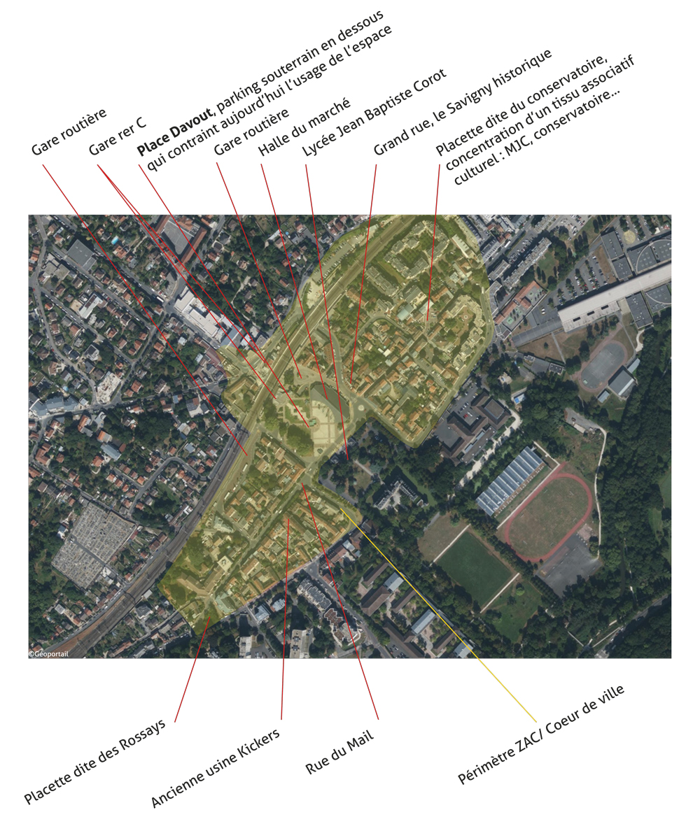 Vue aérienne de la “ZAC Coeur de ville” autour du vieux-Savigny