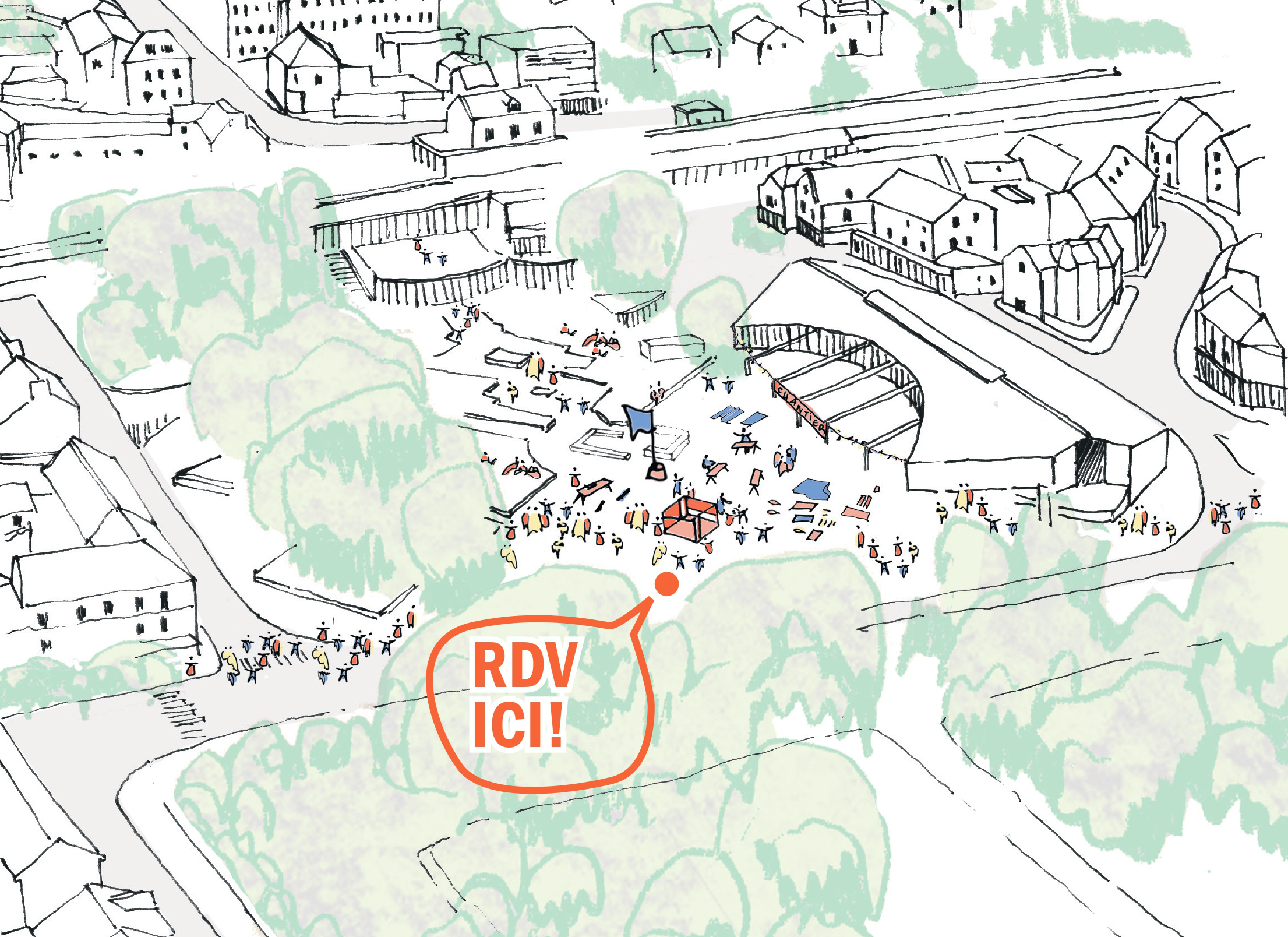 La place Davout, lieu de rendez-vous pour la balade urbaine du cœur de ville historique de Savigny-sur-Orge, menée par l’Atelier +1 et le CAUE 91.